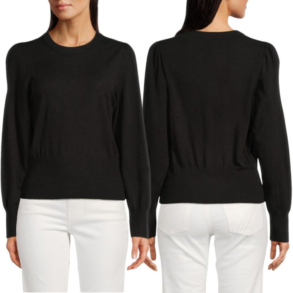 7 For All Mankind Crewneck Puff Sleeve Knit Sweater Women's XXS Black Preppy NWT